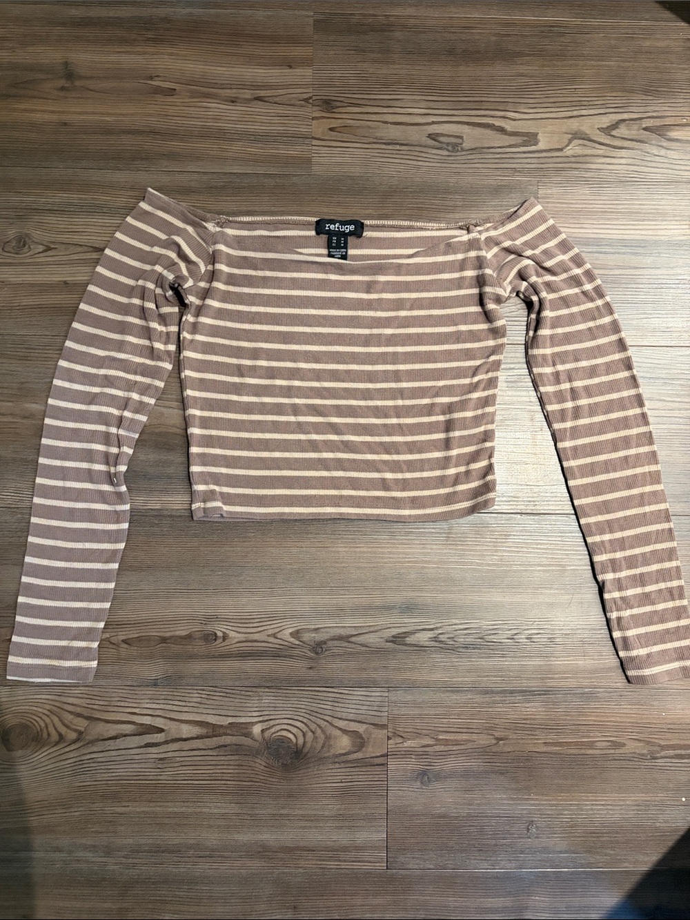 refuge Striped Off-Shoulder Cropped Top in Taupe and Cream